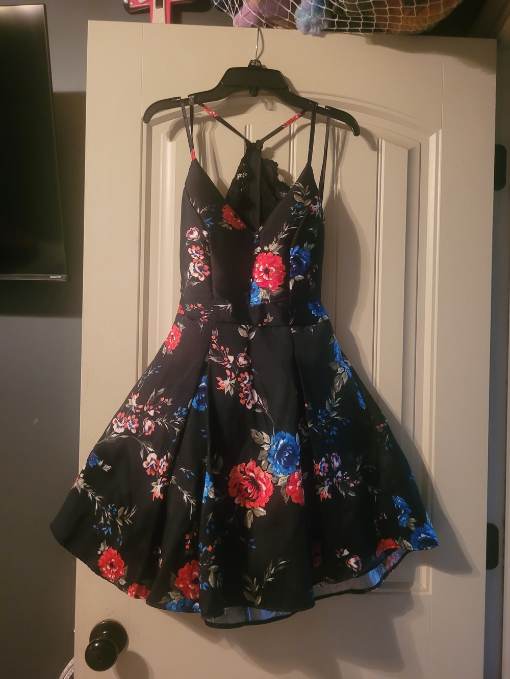 Black Formal Dress With Blue And Red Flowers